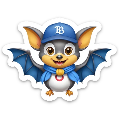 Friendly flying fox bat mascot with cheerful mischievous expression, large spread wings, big expressive eyes with playful glint, smiling mouth showing small fangs, wearing yellow and blue scarf wrapped around neck, blue baseball cap tilted to one side, dark grey body with white highlights, circular composition sticker