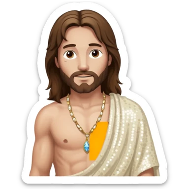 Jesus with long brown hair, ivory sequin baggy loincloth, shirtless with necklace sticker