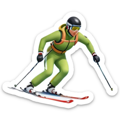 An icon featuring snowy peaks, pine trees, and a picturesque mountain landscape with a skier racing down a snow-covered slope, The sky is blue with soft clouds, capturing the thrill and beauty of alpine skiing. Transparent background highlights the excitement and serenity of winter sports. sticker