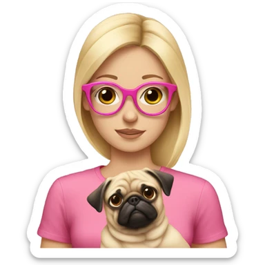 Blond girl with pink glasses wearing  a pink shirt holding a pug  sticker