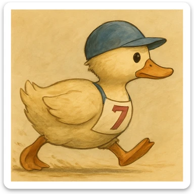 Turn the Ghibli style cartoon duck to the side, in a racing pose as if it's moving quickly forward, keep the same whimsical hand-painted look. sticker