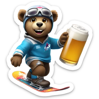 snowboard bear with safe  helmet and goggles in colorado avalanche jersey doing insane tricks while holding a beer sticker