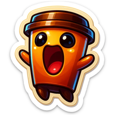 Tall coffee cup, wild, over the top, excited, big eyes, big mouth, screaming, tilted back sticker