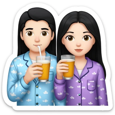 2 friends at a bed wear pajama drinking 1 white boy black hair 1 white girl black long hair sticker