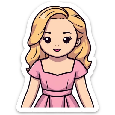 Sabrina Carpenter blonde singer in her Short n' Sweet era, pink dress and glamorous sticker