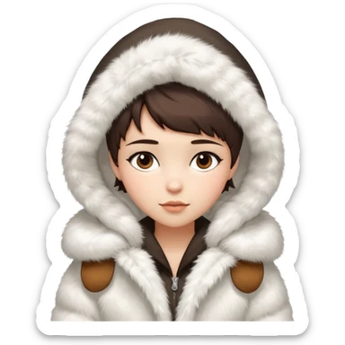 Girl pixiecut Hair Brown in a extremely big fluffy oversized white fur coat with hood on. The fur is real and it’s very obvious big and fluffy  sticker