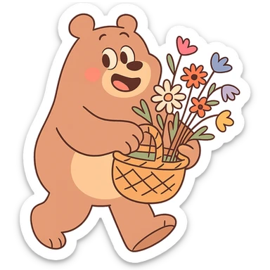 bear carrying a basket of wildflowers, soft pastel brown and cream, calArts 2010s pastel toon style sticker