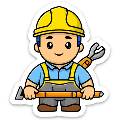 Ukrainian builder in traditional embroidered vyshyvanka shirt with construction helmet and tools sticker