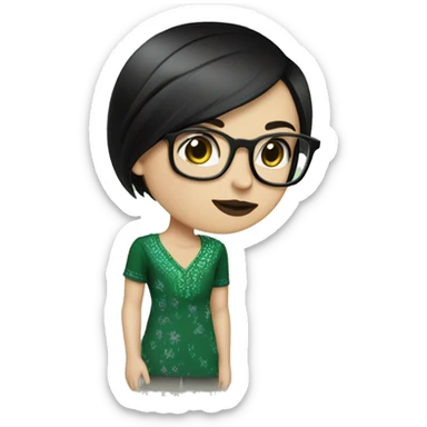 White girl in a green kurta with flower design, glasses, alot of piercing, gay, red lips, nose ring, full body, short straight black edgar hair, black straight hair sticker