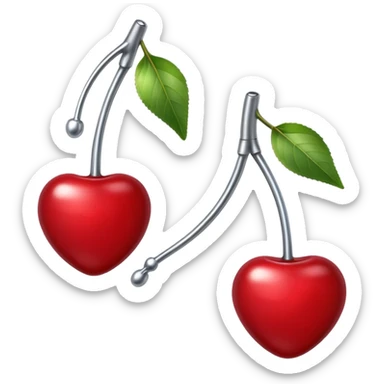 A pair of cherries emoji made of polished silver chrome, smooth rounded shapes, glossy metallic finish, soft highlights and reflections, cute proportions, iOS emoji style, centered, clean white background, no text sticker