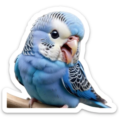 Cinematic Cute Yawning Blue Budgie Portrait Emoji, Head tilted slightly with a dramatic, wide-open yawn, showcasing a soft, downy blue feathered fur with gently drooping wings, round dark eyes barely open in drowsy contentment, Simplified yet irresistibly adorable features, highly detailed, glowing with a soft, cozy glow, high shine, relaxed yet expressive, stylized with a touch of whimsy, bright and endearing, soft glowing outline, capturing the essence of a sleepy yet affectionate budgie, so drowsy it feels like it could stretch out of the screen and curl up for a nap! sticker