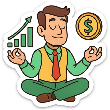 calm trader meditating, zen vibe, flat modern style, bright saturated colors greens golds reds, minimal but expressive, universal look sticker