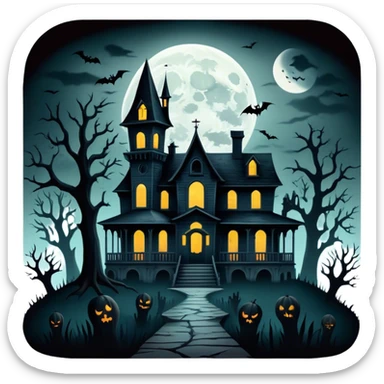 Icon for Horror Movies: A dark, eerie collage featuring iconic horror elements like a haunted house, a full moon, sinister shadows, and creepy creatures emerging from the darkness. The atmosphere should be chilling, with a feeling of suspense and fear. Transparent background. sticker