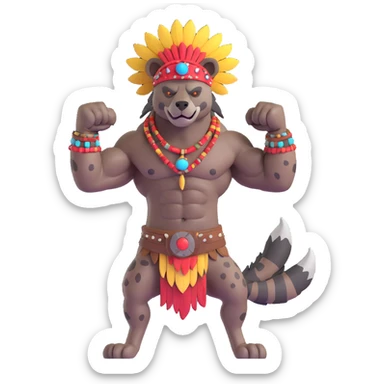 A native strong buff hyena with war bonnet flexing posing full body  sticker