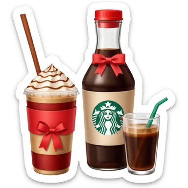 Starbucks iced espresso with milk and the cup has red ribbons printed on it. There is a bottle of cinnamon dolce syrup next to it  sticker