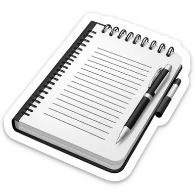 Front-facing notebook icon with a pen on the right side, minimal line-art, clean modern style, perfectly straight angle (no tilt), simple outlines, slightly 3D, no background, transparent, “documenting / journaling / tracking progress sticker