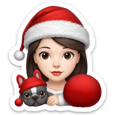 brunette woman with a dark grey French bulldog both wearing Santa sticker