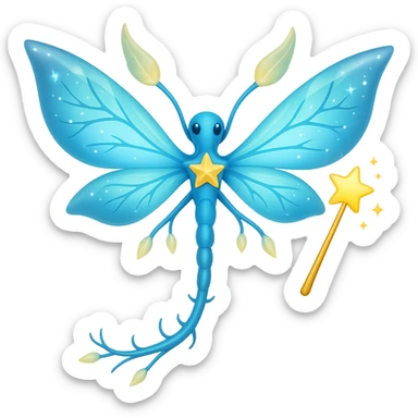 Add a magic wand to the neuron with sparkling fairy wings in the style of apple emojis, keeping the apple emoji style exactly, no background. sticker