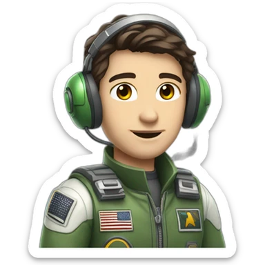 A young white male tennager with dark brown hair and brown eyes in a pilot suit and wearing a green Pilot headset sticker