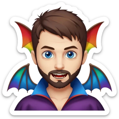 Vampire with blue eyes, short brown hair, short beard/scruff and fangs. rainbow color bats behind him sticker