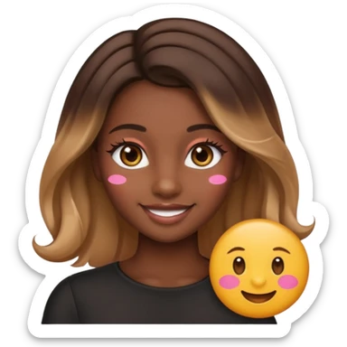 young woman, dark skin, straight hair with caramel balayage, brown eyes, curled lashes, blush, emoji style sticker
