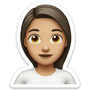 A girl with light skin, short dark brown hair, hazel eyes, wearing a white T-shirt. Her hair is shoulder length and straight.  sticker