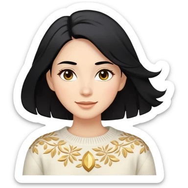 A woman with shoulder-length black hair, light to medium skin tone, full cheeks, and almond-shaped eyes, wearing a white sweater with gold design, lying comfortably on a bed with soft lighting, joyful and radiant expression. sticker