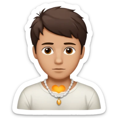 create an emoji of a young man. he has a surfer look, with short messy dark brown hair, brown eyes, tanned skin, natural lips. he wears a white tight shell necklace with a white shirt sticker