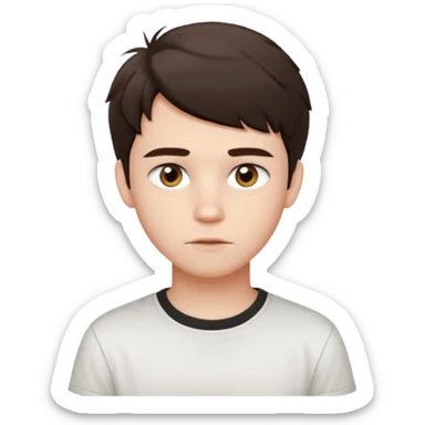 create an emoji of a teenage man, oval face. he has an English look, very messy dark brown hair, dark brown eyes, pale skin, natural lips. he wears a short sleeve very white shirt sticker