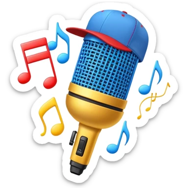 Create a dynamic and energetic emoji that represents beatboxing. The design should feature a microphone with a singing mouth and soundwaves or rhythmic beats emanating from it, symbolizing the vocal percussion and rhythm of beatboxing. Add a cap placed on top of the microphone to reflect street culture and the individuality of the performer. Include musical notes floating around to emphasize the musicality. Use bold, vibrant colors like neon blue, red, and yellow to convey energy and excitement. The background should be transparent. sticker