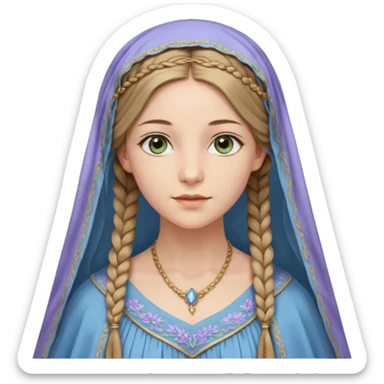 Joven de unos 30 años, de aspecto dulce y elegante.
Piel clara, ojos (pueden ser azules o verdes)
Rubio o castaño claro, largo, con trenzas o velo.
Vestido largo de tonos suaves (blanco, azul o lavanda), con bordados dorados; un manto o toca fina cubriendo la cabeza. Que se vea todo el cuerpo sticker