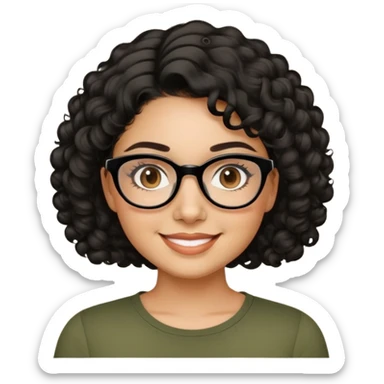 Latina in her early 30s with light tan complexion. Round face with prominent cheeks. Smiling with visible dimples. Dark eyes with black-framed glasses. Short defined curly black hair. Wearing a casual olive green top. sticker