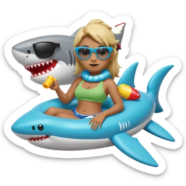 orc female sitting in an inflatable floatie shaped like a shark, wearing oversized sunglasses and a whistle on a neck cord, 2d sticker