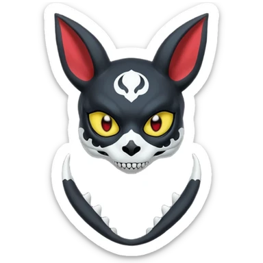 Gothic spooky Scaley Exotic Salandit-Umbreon-Noibat-Fakémon-hybrid-creature (full body), white skull face mask sticker