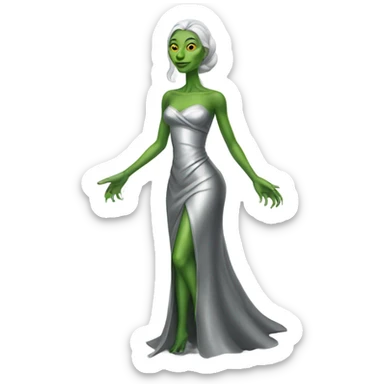 Green Alien reptilian woman in silver dress, full body sticker
