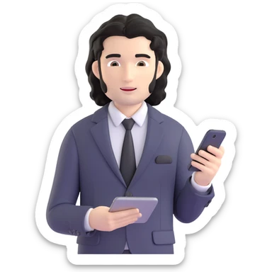 Business strategist with black wavy hair, stubble, chiseled face, wearing blazer and button-up shirt, working on digital devices, surrounded by data visualizations and AI technology, innovative tech-savvy expression sticker