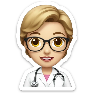 A single smart female nurse with white scrub suit with golden round glasses with short brown hair with beautiful smile and pinky lip sticker