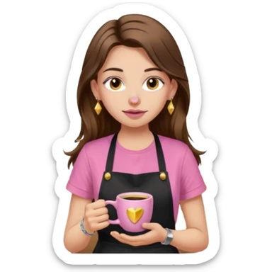 Fille cheveux long châtain, peau beige type européen, teeshirt rose avec un tablier noir, piercing au nez anneau doré, boucle d’oreille diamant doré. Elle boit un café sticker