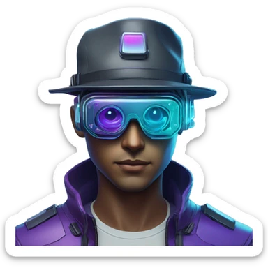 Secret human agent in a hat with  cyberpunk elements in VR googles scanning looking reviewing multicolor lines of code, cyan and purple colors, only upper body portrait sticker