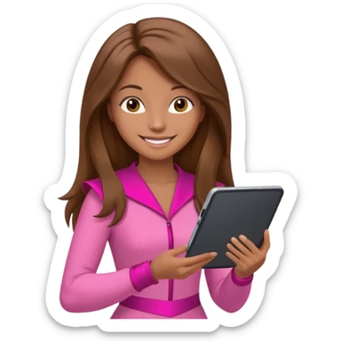 woman with brown long hair and pink costume with tablet sticker