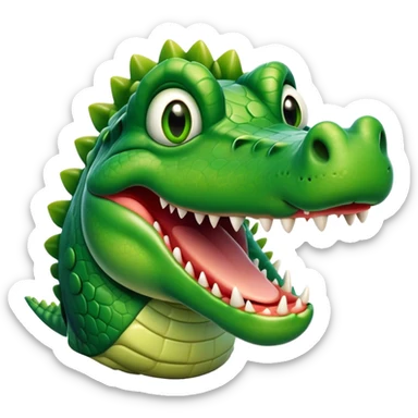 Cinematic Realistic Comical Crocodile Portrait Emoji, Head tilted dramatically with an exaggeratedly amused expression, featuring a striking, glossy scaly hide with bold textures and wide, expressive eyes full of playful disbelief, rendered with vivid natural hues and lifelike detail, high shine, dramatic yet playful, styled with an air of cheeky aquatic mischief, soft glowing outline, capturing the essence of a spirited and over‐the‐top crocodile that looks ready to snap its jaws in a burst of viral wild humor! sticker