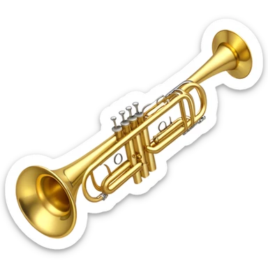 Create a sleek and professional emoji representing a trumpet. The design should feature the shiny brass or gold-plated body of the trumpet, with its distinct three valves and flared bell. Highlight the smooth tubing, and include small details like the tuning slides and valve caps. The trumpet should have a polished, gleaming appearance with reflective light effects to enhance its metallic texture. Add subtle musical notes or soundwaves floating around the trumpet to evoke the bright, bold sound it produces. Use gold, brass, and silver tones for the trumpet and its details. The background should be transparent. sticker