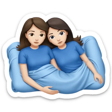 two white brunette women lying down full body on top of each other wrapped around each other one wearing a blue shirt they should be melting into each other sticker