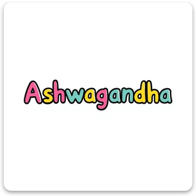 The word "Ashwagandha" hand-drawn in a vibrant tropical color scheme with pinks, teals, and yellows. Simple doodle style with minimal decoration. sticker