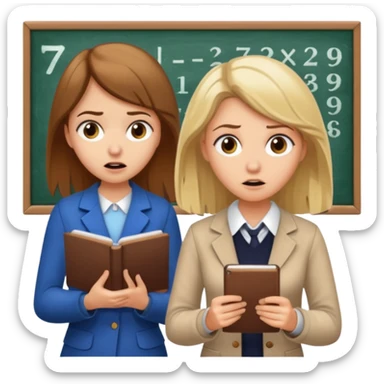 super scared white girl with brown hair doing math while a scary old blond teacher stands over her sticker