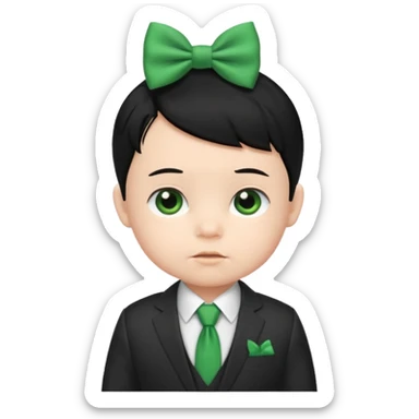 baby boy black hair white skin in suit, with green bow sticker