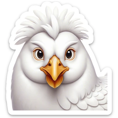 Cinematic Noble White Chicken Portrait Emoji, Poised and regal, with a compact, sturdy build and a pristine, well-groomed pure white plumage, deep-set soulful beady eyes, Simplified yet sharp and sophisticated features, highly detailed, glowing with a soft, dignified glow, high shine, intelligent and alert, stylized with an air of barnyard elegance, focused and attentive, soft glowing outline, capturing the essence of a watchful and confident fowl, so majestic it feels as though it could strut out of the screen with effortless authority! sticker