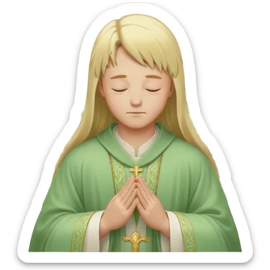 a young bishop, long blonde hair, light green wide, flowing outer robe. hands clasped together, eyes closed. Soft light, subtle fern. Waist-up, profile. sticker