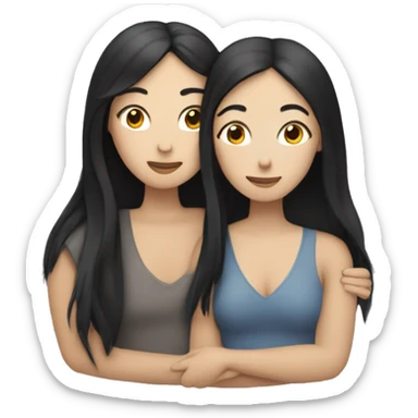A lesbian couple who both have white skin and long black hair are hugging intimately. sticker