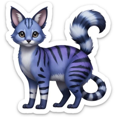  Realistic dull gloomy-dark-deep-grayish-indigo-violet-gradients fur with random markings beautiful elegant pretty precious cute  Fakémon-Pokémon-opossum-feline-serval-caracal-chinchilla-Minccino-hybrid-creature with a big fluffy bushy striped tail (full body) sticker